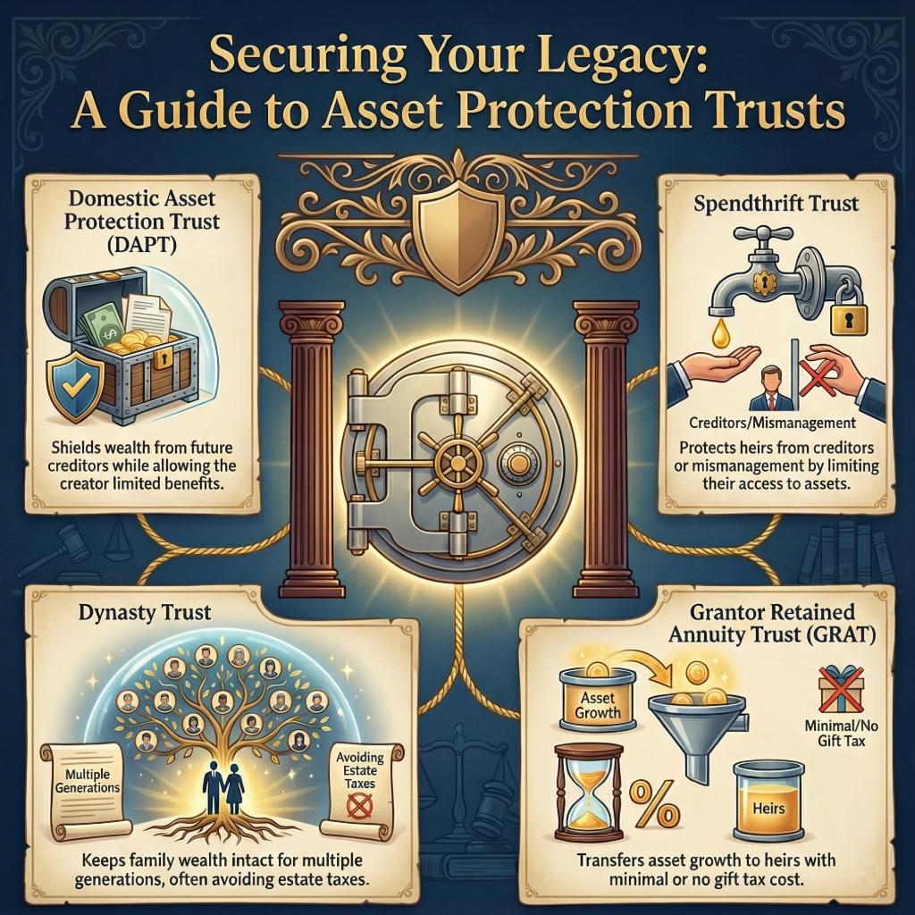 asset protection wealth preservation, domestic asset protection trust benefits, DAPT creditor protection, spendthrift trust protections, dynasty trust multigenerational wealth, GRAT tax efficient wealth transfer, trust strategies for high net worth, shield assets from lawsuits, protect heirs financial habits, irrevocable trust asset defense, trust planning for lawsuit risk, wealth preservation through trusts, trust distribution control safeguards, long term family wealth protection, estate planning asset defense, minimize creditor claims with trust, spendthrift trust creditor safeguards, trust avoidance of debtor claims, grantor retained annuity trusts estate tax, trust architecture for legacy planning, intergenerational wealth preservation, creditorproof trust strategies, trust fiduciary protection roles, trust planning to prevent financial mismanagement, wealth shield planning trusts, long lasting dynasty trust planning