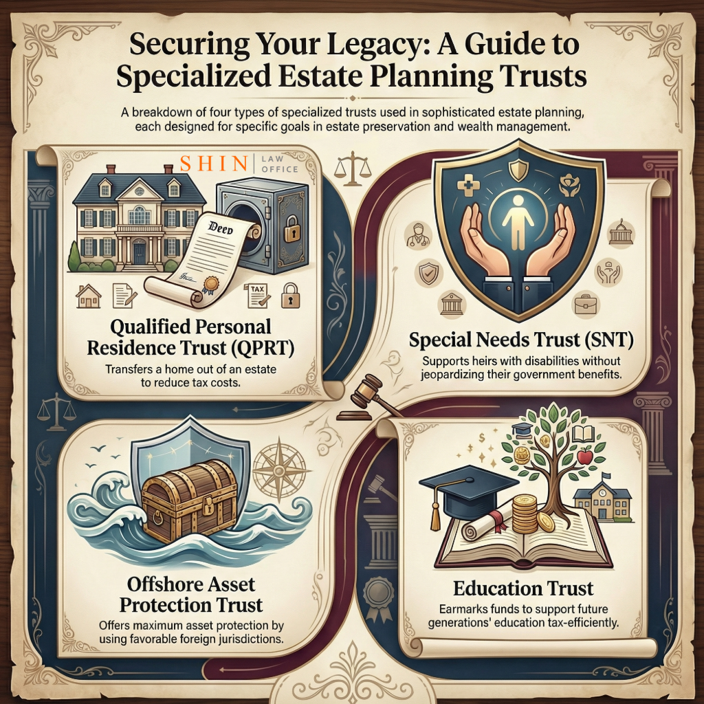 specialized planning trusts, qualified personal residence trust benefits, QPRT estate tax planning, special needs trust protection, supplemental needs trust benefits, offshore asset protection trust advantages, education trust future funding, QPRT home transfer strategy, reduce gift tax with QPRT, protect disabled heirs, preserve benefits special needs trust, offshore trust for ultra high net worth, jurisdiction asset protection trust, education trust tax efficient planning, trust strategies for unique goals, generational education funding, trust legacy property care, estate planning niche trusts, tailored trust solutions high net worth families, trust options for unique family situations, long term trust planning, wealth transfer through education trust, international asset protection trust, trust based legacy property maintenance