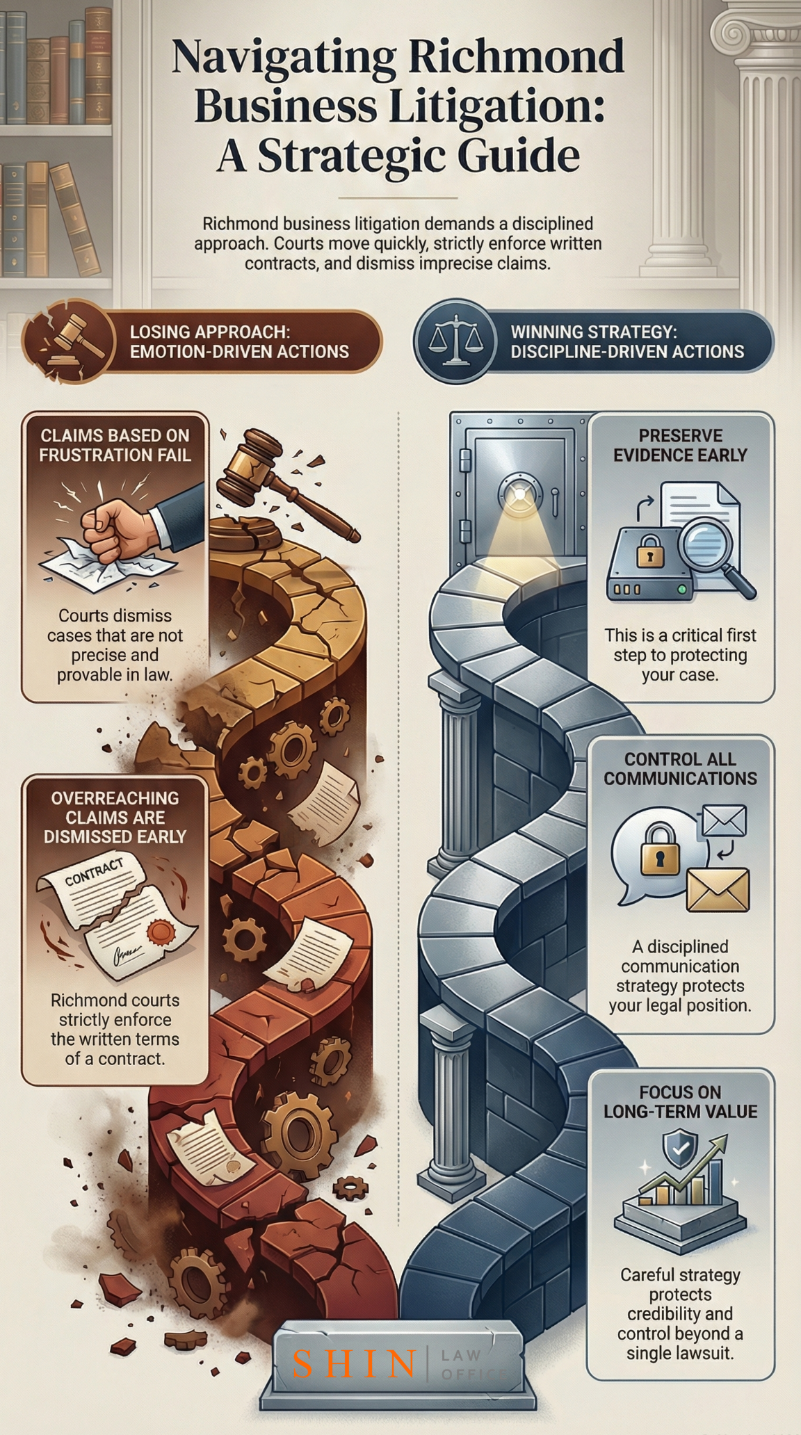 business litigation strategy guide, business lawsuit strategy Virginia, Richmond VA commercial litigation guide, contract litigation strategy Virginia, business tort litigation strategy, fraud claim strategy Virginia, tortious interference strategy Richmond VA, business conspiracy strategy Virginia, fiduciary duty dispute strategy, partnership dispute strategy Virginia, shareholder dispute strategy Richmond VA, LLC dispute strategy Virginia, contract termination strategy Richmond VA, breach of contract defense strategy, demand letter strategy Virginia, litigation hold best practices, evidence preservation business dispute, discovery strategy commercial litigation, deposition strategy business case, expert witness strategy damages, lost profits proof strategy Virginia, injunction strategy noncompete Virginia, arbitration vs court strategy, summary judgment strategy Virginia, settlement strategy commercial dispute, mediation strategy Richmond VA