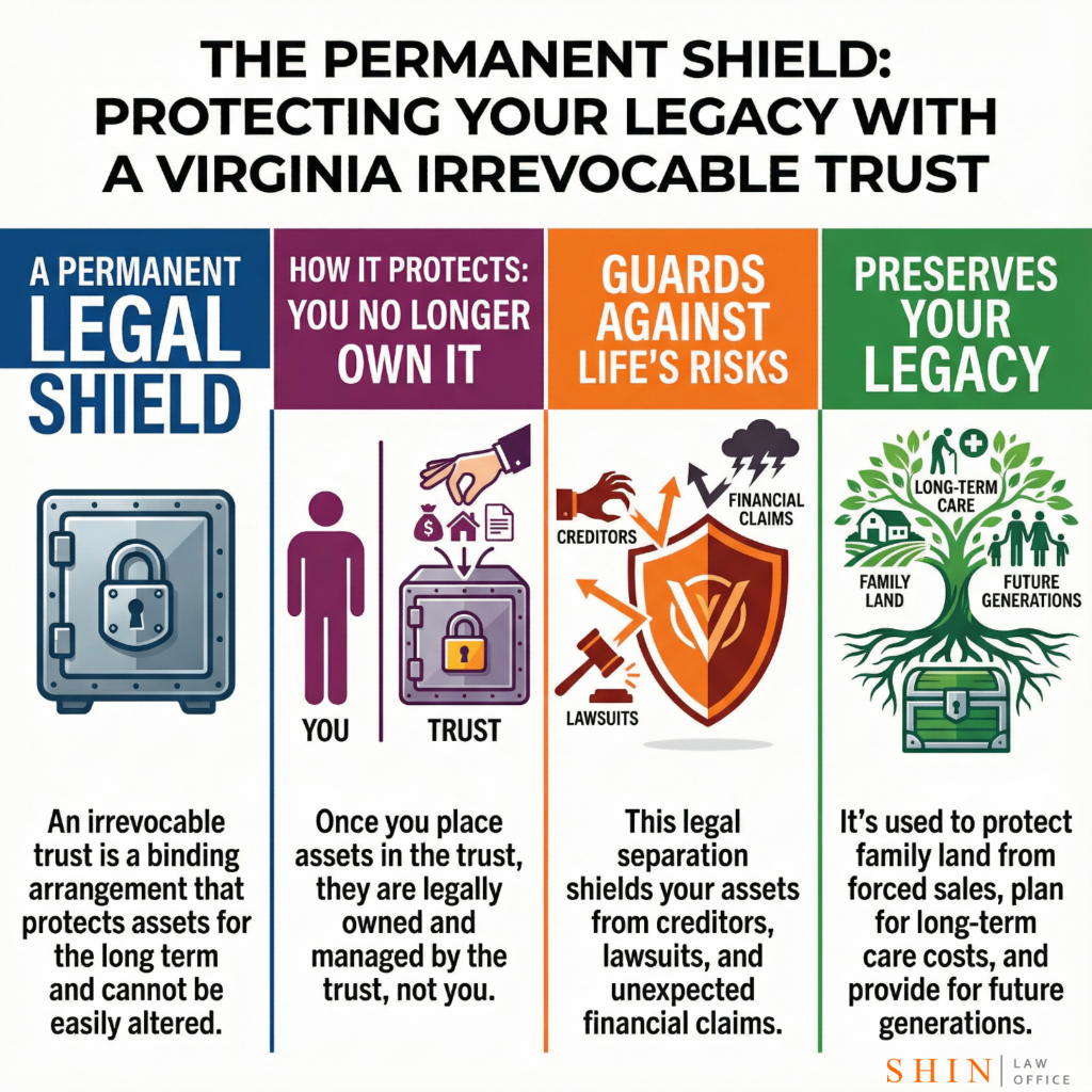 irrevocable trust Virginia, asset preservation Loudoun County, Fairfax wealth protection planning, Virginia farm trust planning, Clarke County land preservation trust, Frederick County irrevocable trust help, Northern Virginia wealth shielding, long term care trust Virginia, Fairfax asset transfer planning, Loudoun family land protection, Virginia generational planning, irrevocable trust attorney VA, Prince William asset preservation, Arlington trust planning guidance, Virginia estate preservation tools