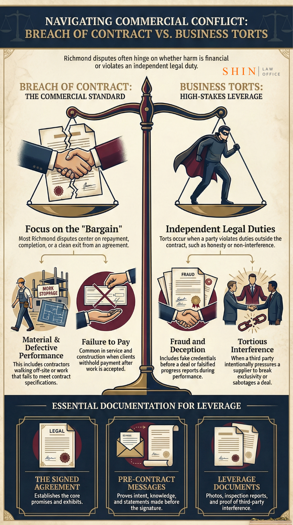 breach of contract lawyer Richmond VA, Richmond VA contract dispute attorney, business litigation attorney Richmond VA, material breach of contract Richmond VA, failure to perform contract Richmond VA, defective performance claim Richmond VA, late performance contract dispute Richmond VA, breach of warranty claim Richmond VA, anticipatory breach attorney Richmond VA, fraud in the inducement Richmond VA, fraud during performance Richmond VA, conversion claim Richmond VA, tortious interference attorney Richmond VA, defamation business dispute Richmond VA, Virginia economic loss rule Richmond VA