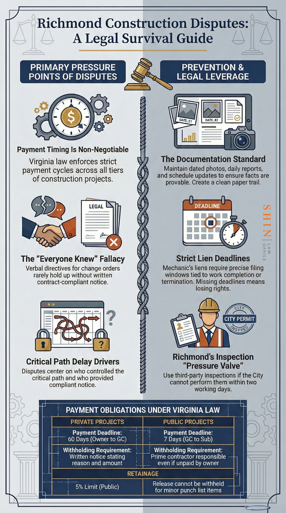 Richmond VA construction dispute attorney, construction contract lawyer Richmond VA, contractor nonpayment Richmond VA, construction retainage Richmond VA, pay application dispute Richmond VA, withholding notice Virginia construction, Richmond VA change order claim, scope creep construction Richmond VA, construction delay damages Richmond VA, liquidated damages construction Richmond VA, Richmond permits inspection delays, certificate of occupancy delay Richmond VA, defective workmanship claim Richmond VA, subcontractor backcharge dispute Richmond VA, mechanics lien deadlines Virginia