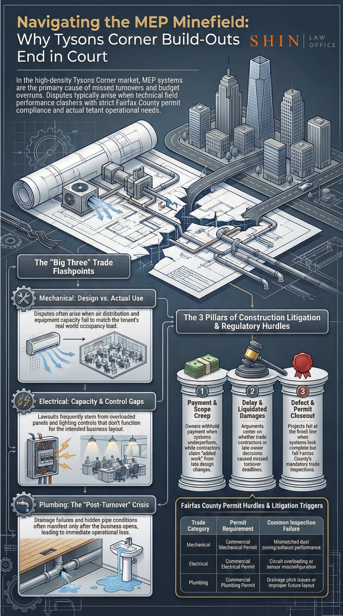 Tysons Corner Construction Litigation Guide (1) commercial HVAC claim Tysons Corner VA, office build out HVAC dispute Tysons Corner VA, electrical panel capacity issue Tysons Corner VA, dedicated circuit dispute Tysons Corner VA, lighting control dispute Tysons Corner VA, commercial exhaust issue Tysons Corner VA, ventilation dispute Tysons Corner VA, restroom plumbing dispute Tysons Corner VA, floor drain backup dispute Tysons Corner VA, tenant fit out trade conflict Tysons Corner VA, Fairfax County trade permit dispute, commercial inspection failure Tysons Corner VA, commercial turnover dispute Tysons Corner VA, closeout conflict Tysons Corner VA, MEP defect claim Tysons Corner VA
