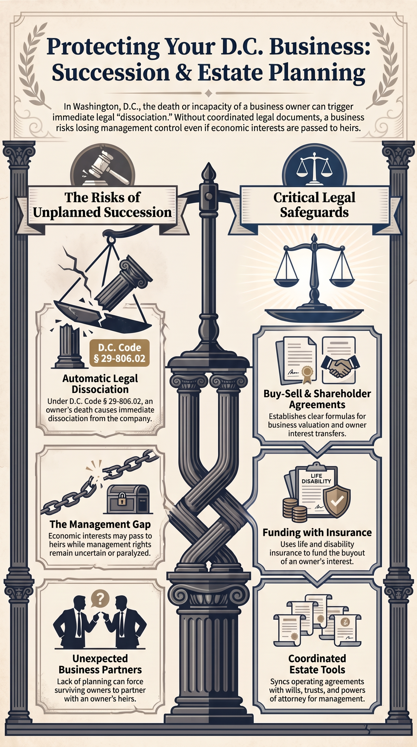 Attorney reviewing a Washington, DC business succession plan, buy-sell agreement, and estate documents