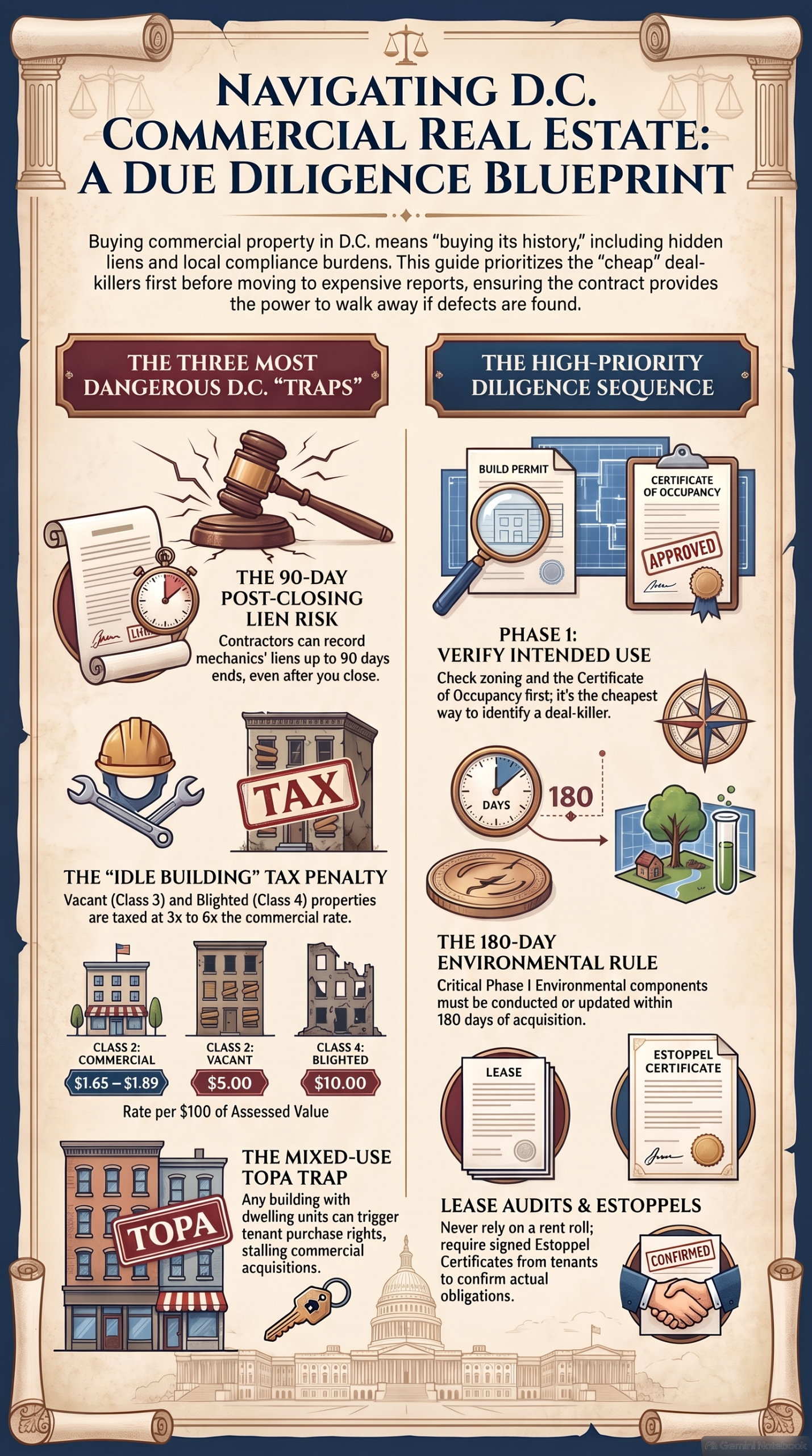 Attorney reviewing a title commitment and purchase agreement for a Washington, DC commercial property acquisition