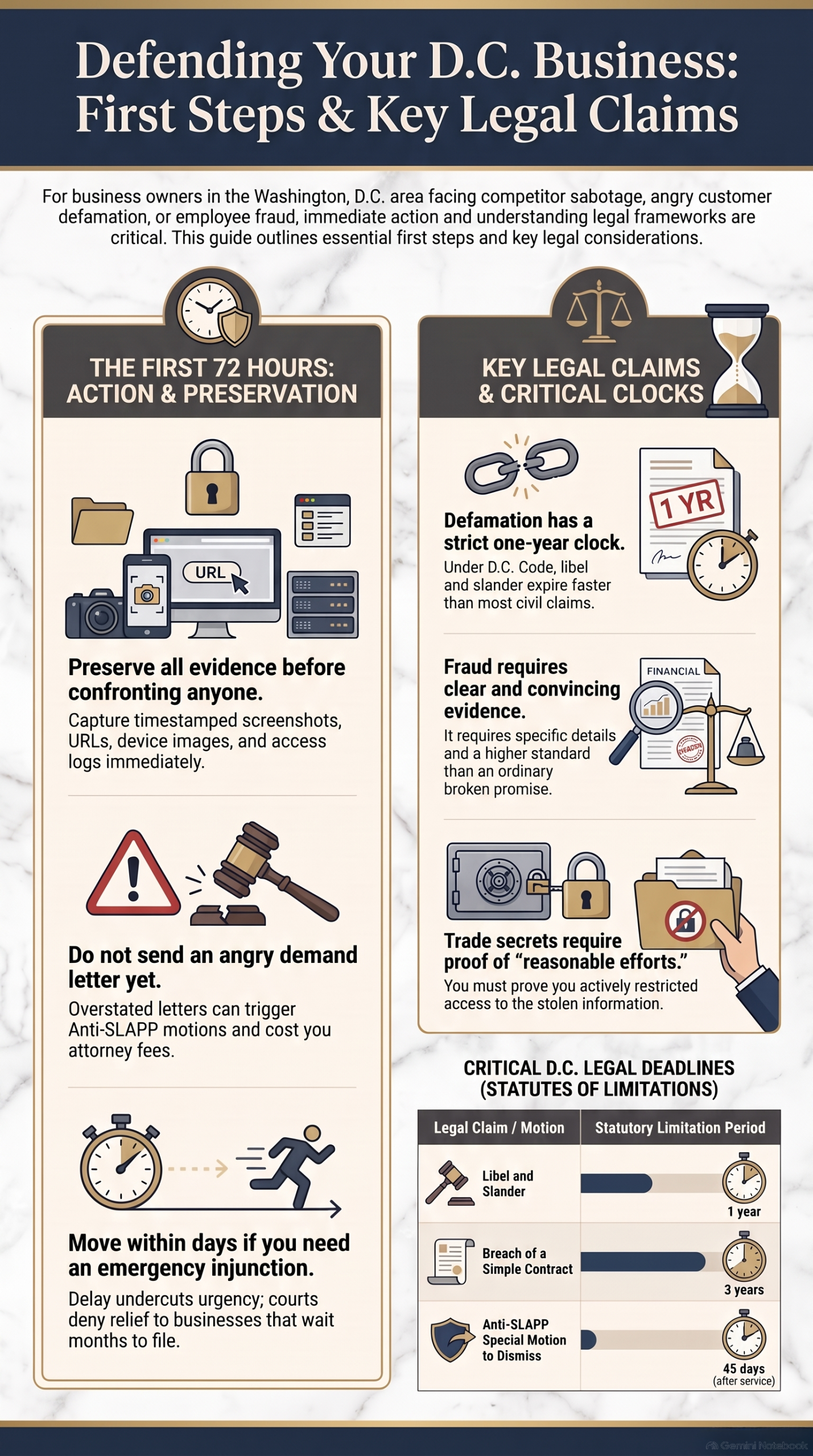 Attorney evaluating fraud, defamation, and tortious interference claims for a Washington, DC business