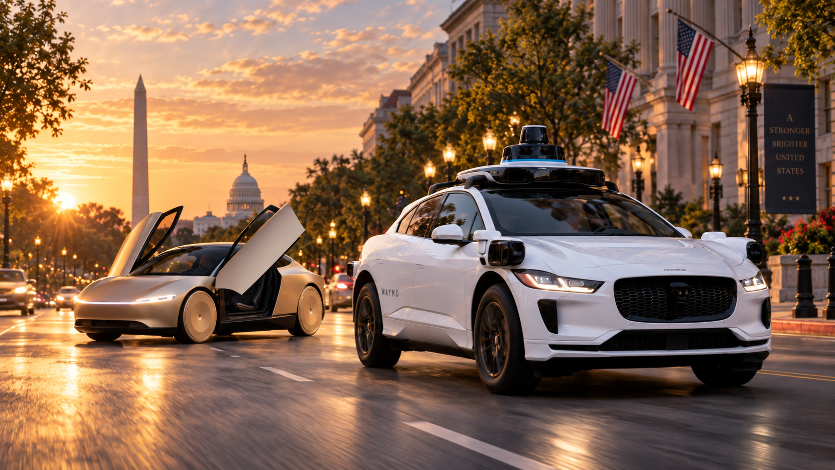 Illustration of a Waymo vehicle and Tesla Cybercab in Washington, D.C.